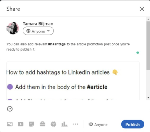 linkedin hashtags how to add to articles screenshot