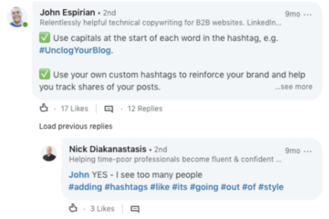 linkedin hashtags john espirian example
