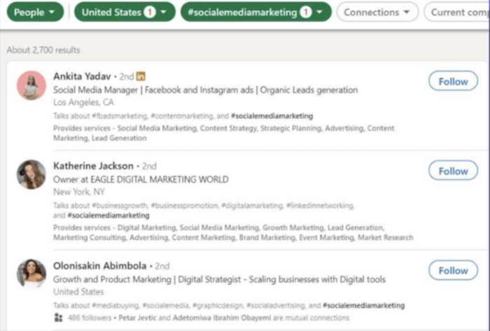 linkedin hashtags screenshot of people page