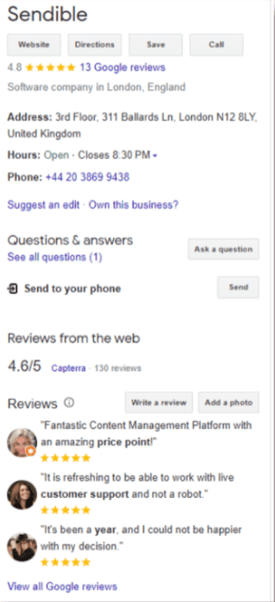 testimonial examples sendible on google my business
