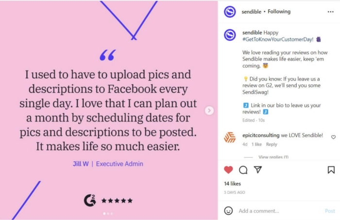 testimonial examples sendible quote on instagram screenshot