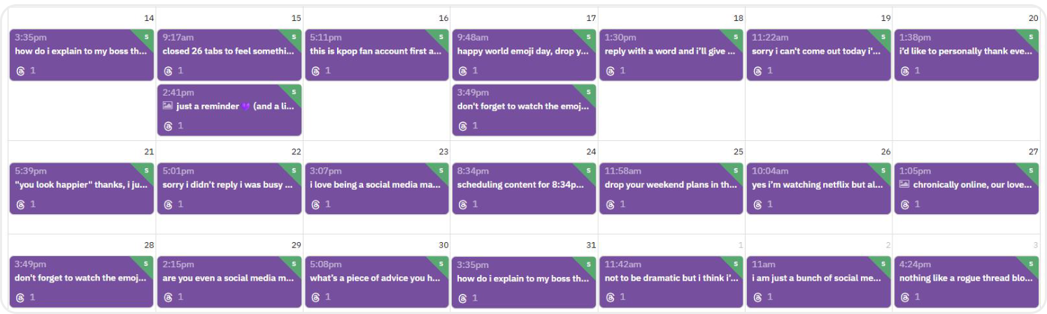 Sendible content calendar showing at least one Threads post scheduled every day across three weeks.