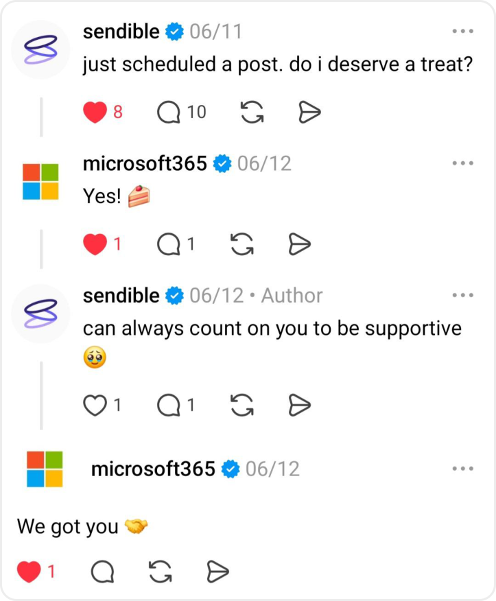 Sendible asks "just scheduled a post. do i deserve a treat?" on Threads, and Microsoft 365 replies "Yes!" and "We got you".