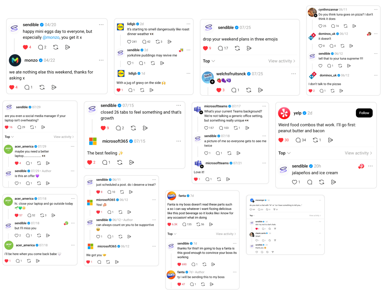  Collage of Threads conversations between Sendible and brands including Monzo, Lidl, Domino's UK, Acer America, Microsoft Teams, Microsoft 365, Fanta and Yelp.