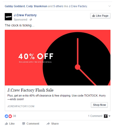 Example of a retargeted ad for J-Crew Facebook fans
