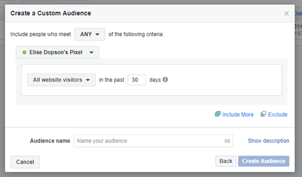 Default setting for creating a custom audience in Facebook Ads Manager