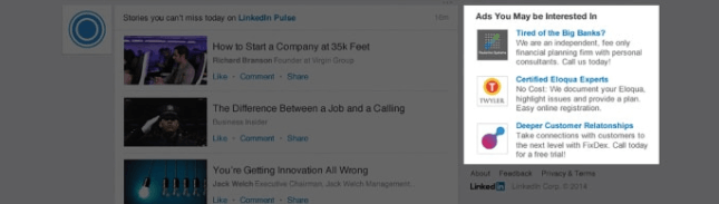 Text ads on LinkedIn appear in the desktop display